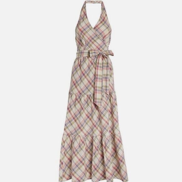 NEW Polo Ralph Lauren Madras Tiered Wrap Maxi Halter Dress Cottagecore Size 10 - Picture 2 of 14